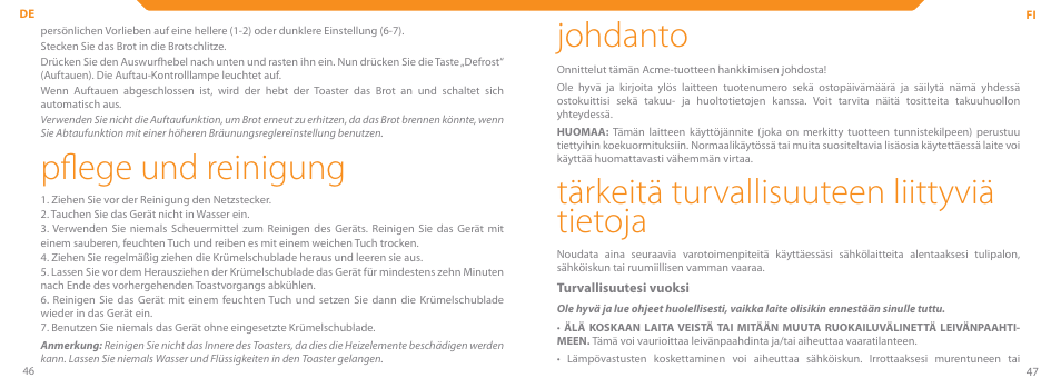 Pflege und reinigung, Johdanto, Tärkeitä turvallisuuteen liittyviä tietoja | Acme TE-100 User Manual | Page 24 / 46