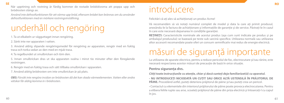 Underhåll och rengöring, Introducere, Măsuri de siguranţă importante | Acme TE-100 User Manual | Page 31 / 46