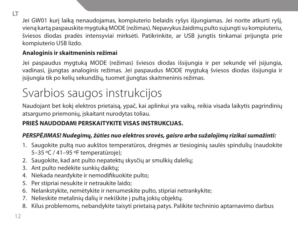 Svarbios saugos instrukcijos | Acme GW01 User Manual | Page 12 / 96