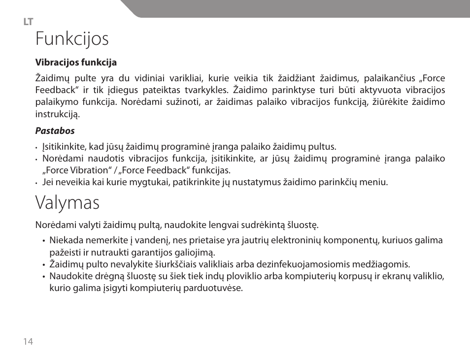 Funkcijos, Valymas | Acme GW01 User Manual | Page 14 / 96