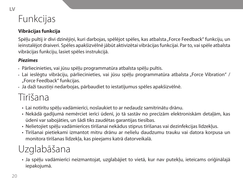 Funkcijas, Tīrīšana, Uzglabāšana | Acme GW01 User Manual | Page 20 / 96