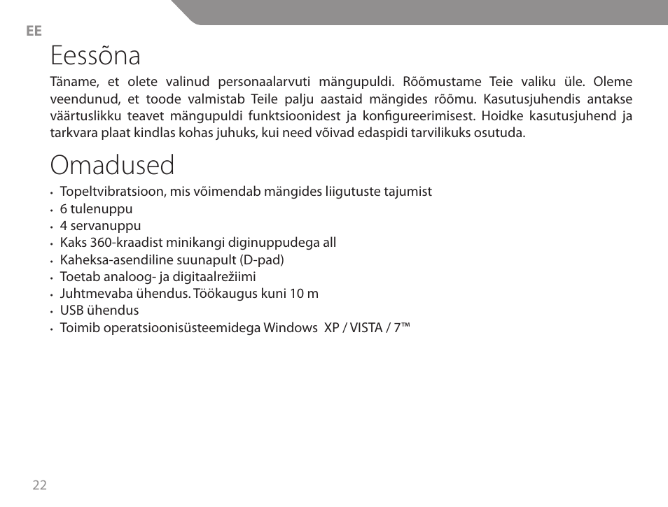 Eessõna, Omadused | Acme GW01 User Manual | Page 22 / 96