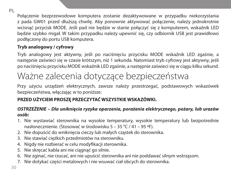 Ważne zalecenia dotyczące bezpieczeństwa | Acme GW01 User Manual | Page 30 / 96