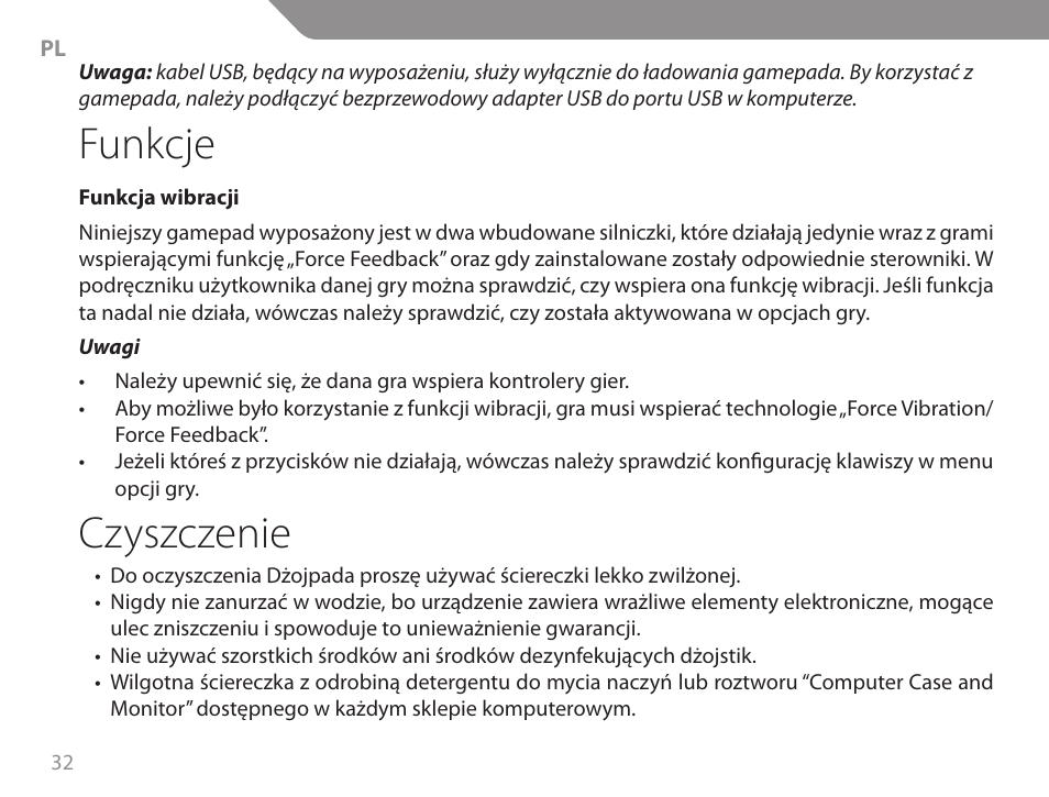 Funkcje, Czyszczenie | Acme GW01 User Manual | Page 32 / 96