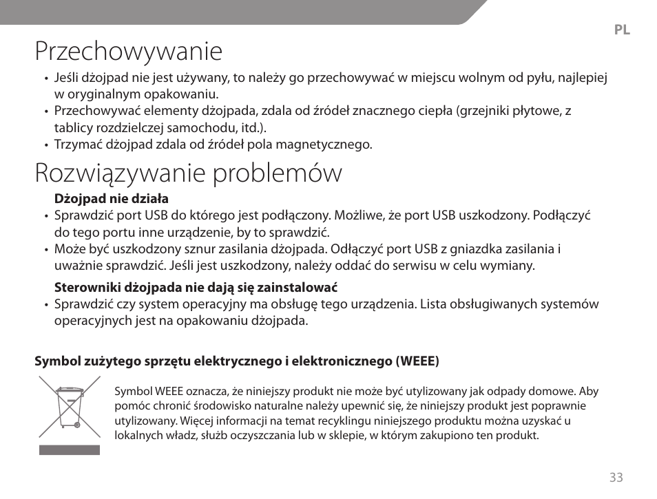Przechowywanie, Rozwiązywanie problemów | Acme GW01 User Manual | Page 33 / 96