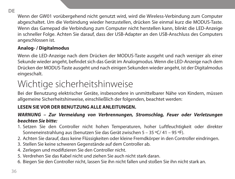 Wichtige sicherheitshinweise | Acme GW01 User Manual | Page 36 / 96