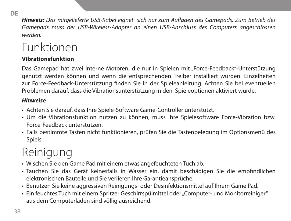 Funktionen, Reinigung | Acme GW01 User Manual | Page 38 / 96