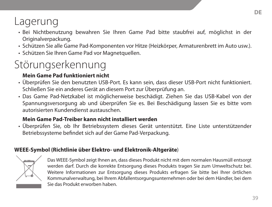 Lagerung, Störungserkennung | Acme GW01 User Manual | Page 39 / 96