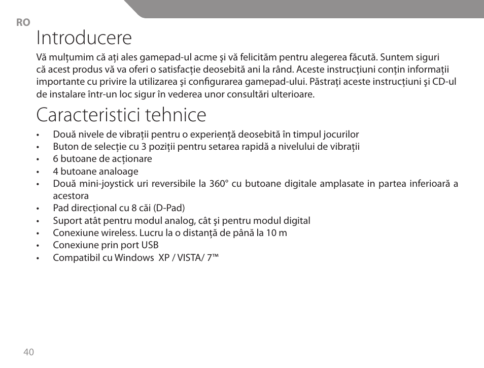 Introducere, Caracteristici tehnice | Acme GW01 User Manual | Page 40 / 96