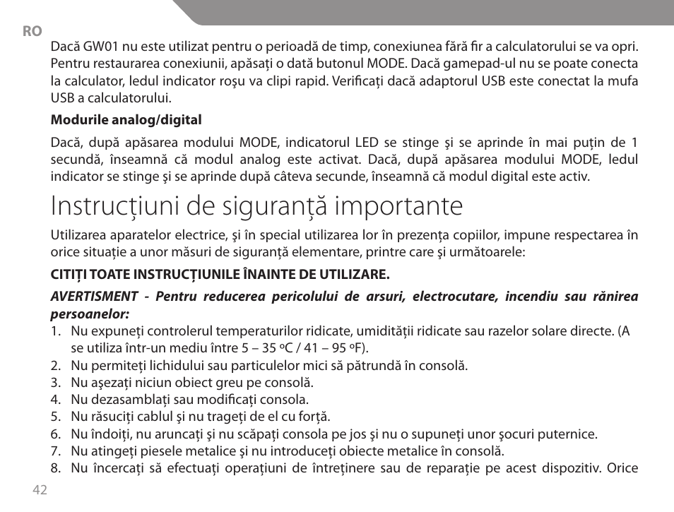 Instrucţiuni de siguranţă importante | Acme GW01 User Manual | Page 42 / 96
