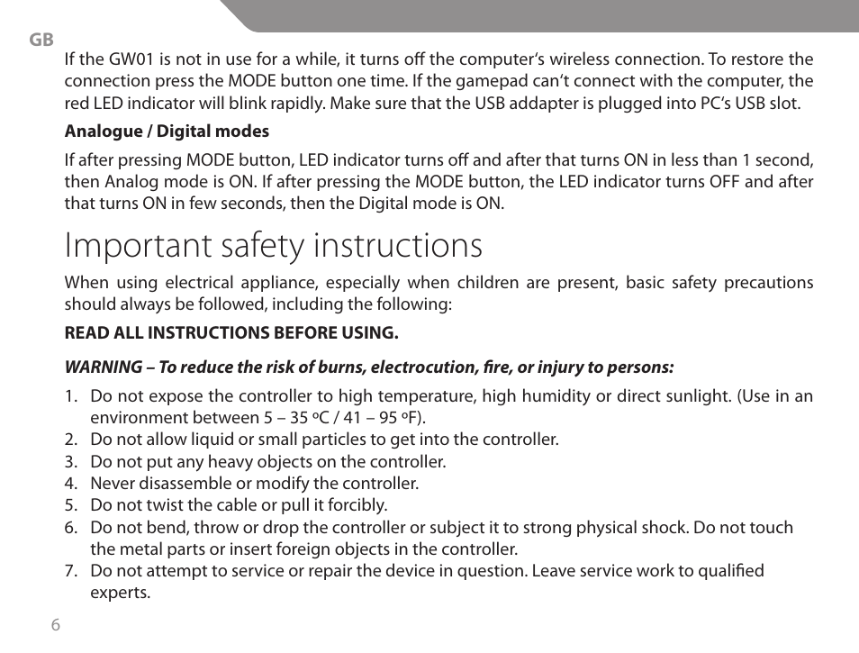 Important safety instructions | Acme GW01 User Manual | Page 6 / 96
