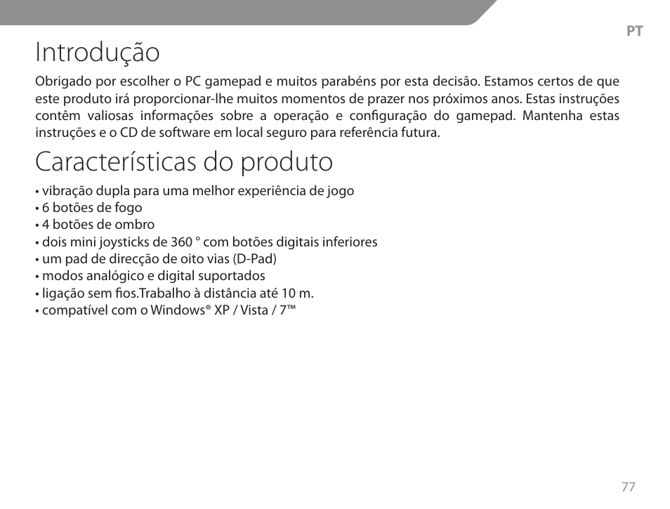 Introdução, Características do produto | Acme GW01 User Manual | Page 77 / 96