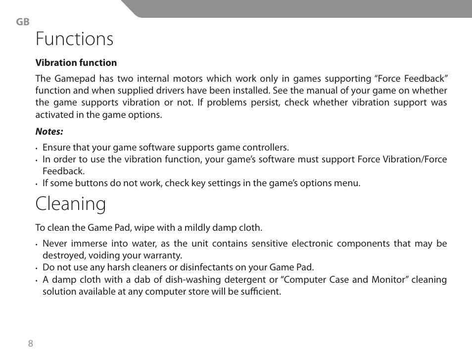Functions, Cleaning | Acme GW01 User Manual | Page 8 / 96