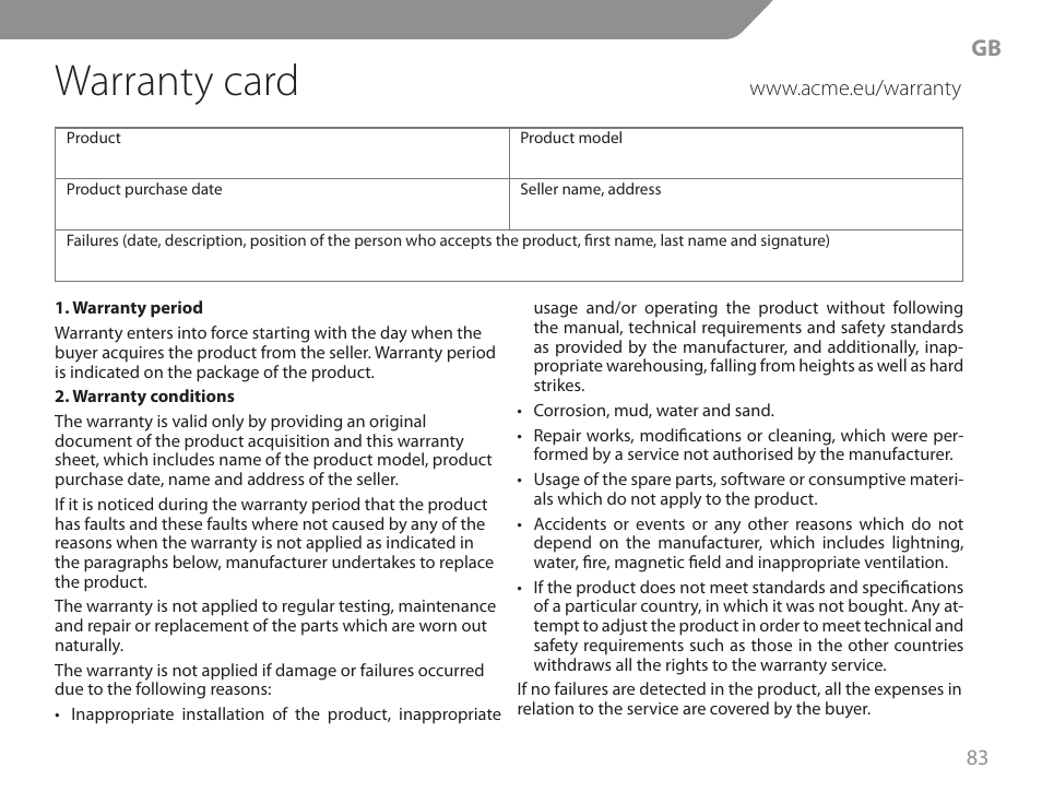 Warranty card | Acme GW01 User Manual | Page 83 / 96