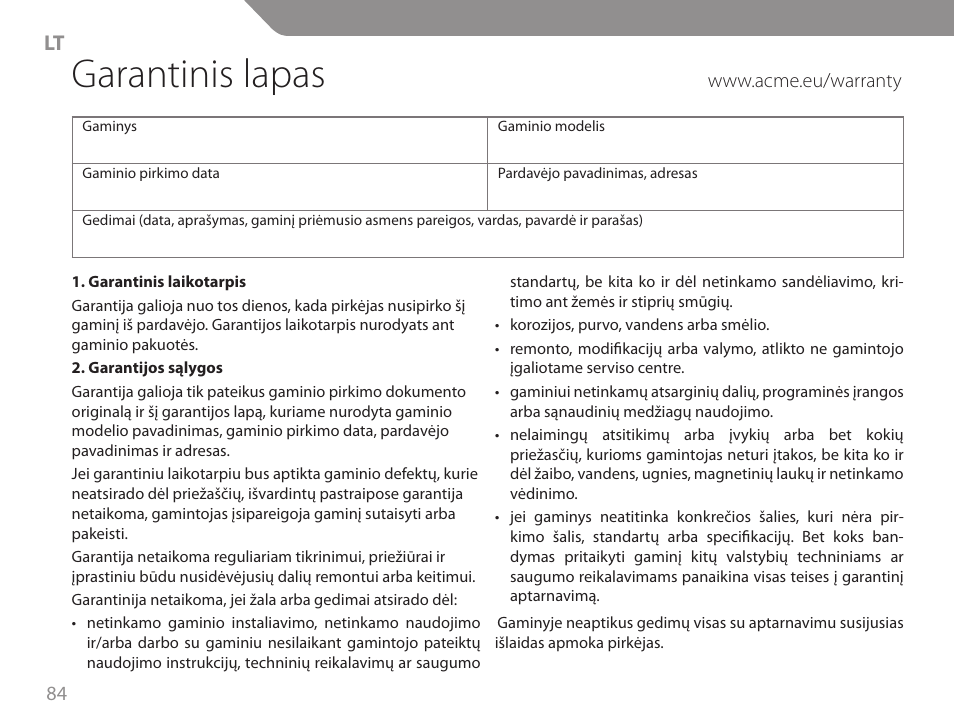 Garantinis lapas | Acme GW01 User Manual | Page 84 / 96