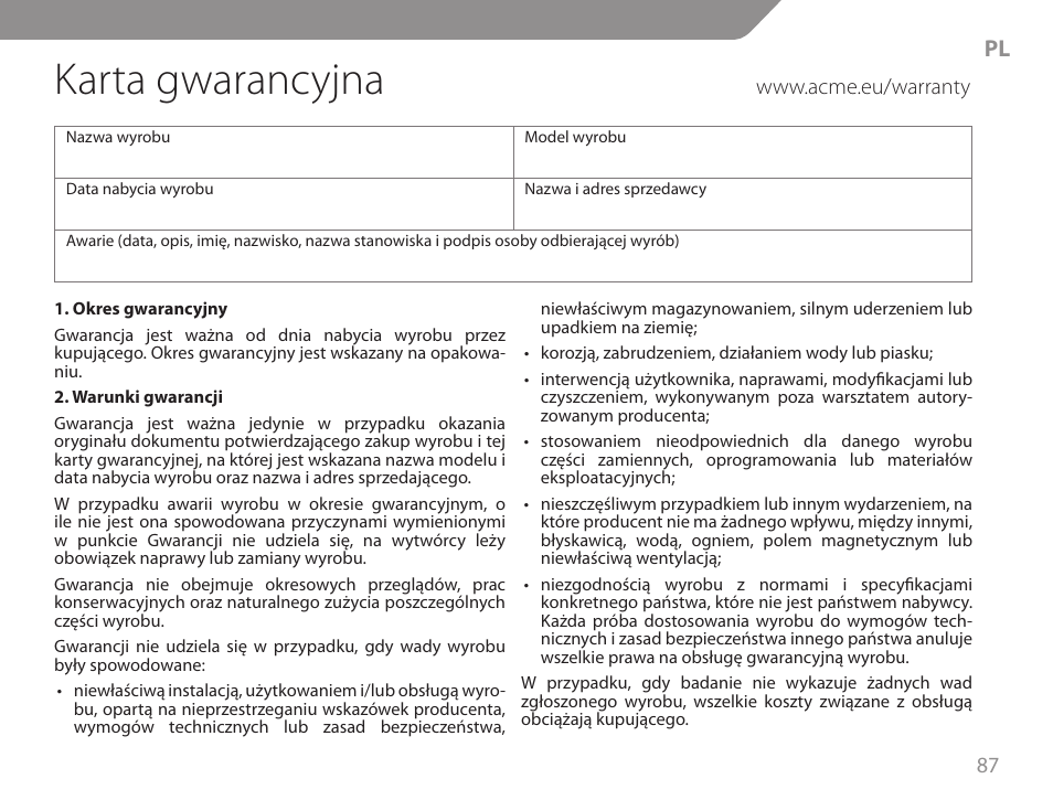 Karta gwarancyjna | Acme GW01 User Manual | Page 87 / 96