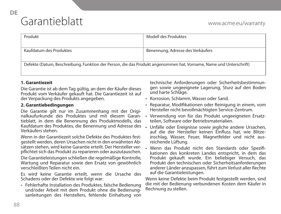 Garantieblatt | Acme GW01 User Manual | Page 88 / 96