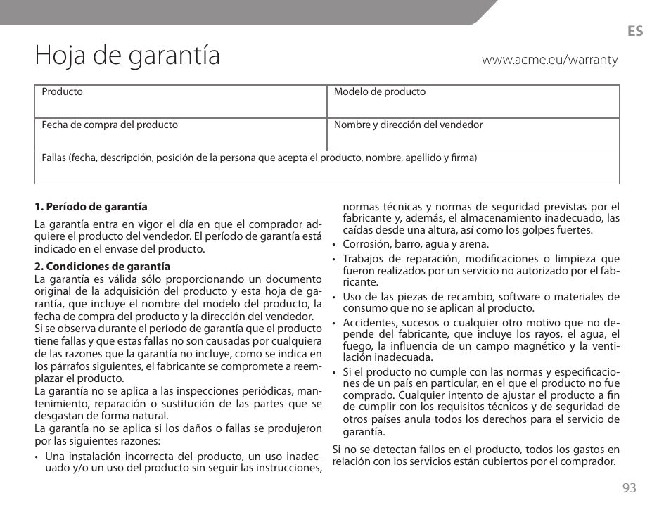 Hoja de garantía | Acme GW01 User Manual | Page 93 / 96
