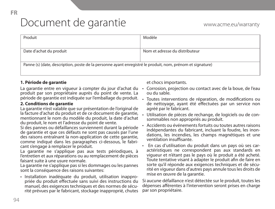 Document de garantie | Acme GW01 User Manual | Page 94 / 96