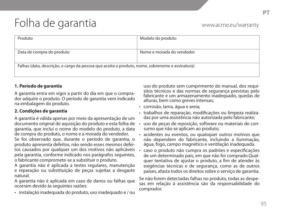 Folha de garantia | Acme GW01 User Manual | Page 95 / 96
