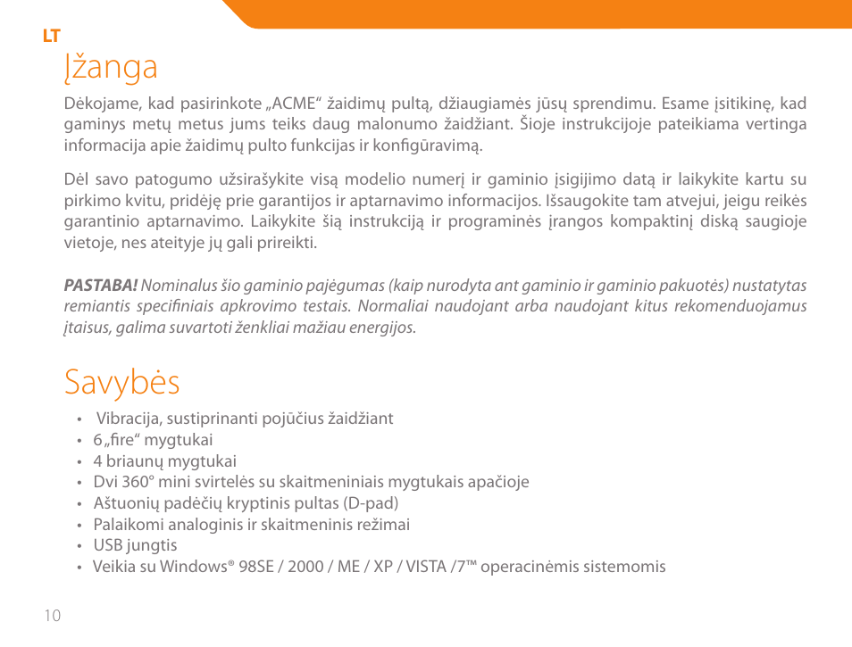 Įžanga, Savybės | Acme GA05 User Manual | Page 10 / 88