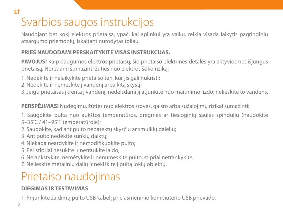 Svarbios saugos instrukcijos, Prietaiso naudojimas | Acme GA05 User Manual | Page 12 / 88