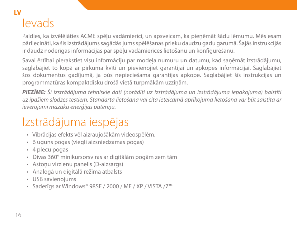 Ievads, Izstrādājuma iespējas | Acme GA05 User Manual | Page 16 / 88