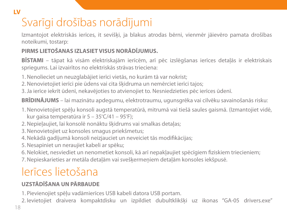 Svarīgi drošības norādījumi, Ierīces lietošana | Acme GA05 User Manual | Page 18 / 88
