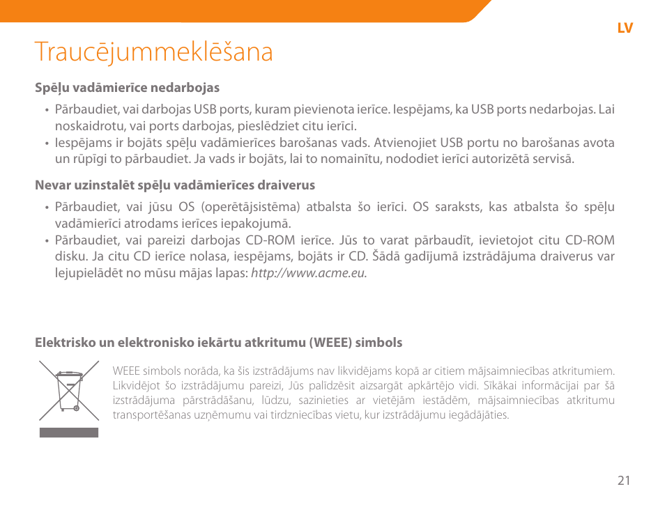 Traucējummeklēšana | Acme GA05 User Manual | Page 21 / 88