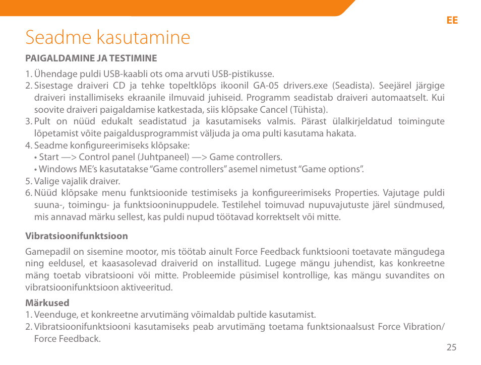 Seadme kasutamine | Acme GA05 User Manual | Page 25 / 88