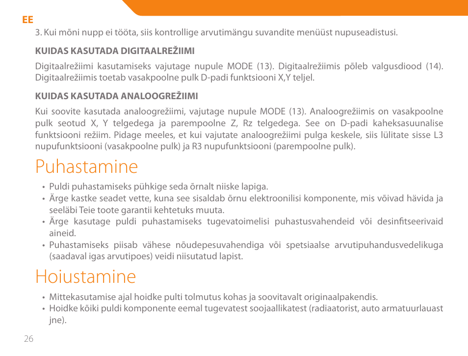 Puhastamine, Hoiustamine | Acme GA05 User Manual | Page 26 / 88