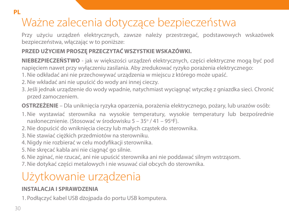 Ważne zalecenia dotyczące bezpieczeństwa, Użytkowanie urządzenia | Acme GA05 User Manual | Page 30 / 88