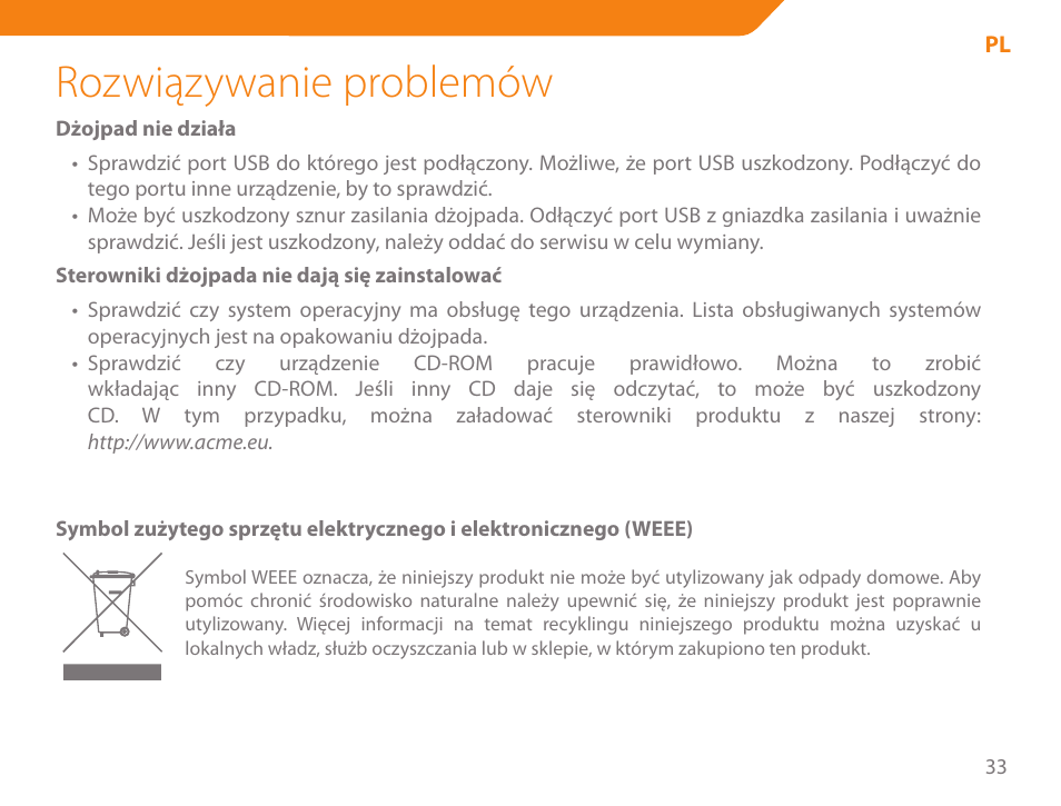 Rozwiązywanie problemów | Acme GA05 User Manual | Page 33 / 88