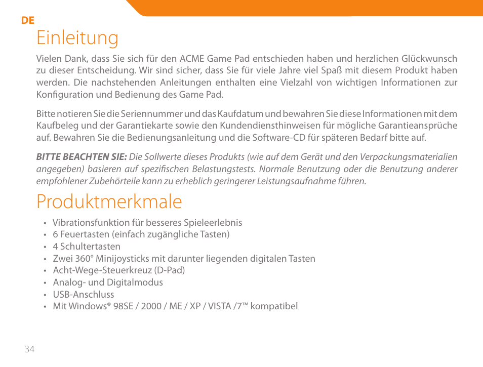 Einleitung, Produktmerkmale | Acme GA05 User Manual | Page 34 / 88