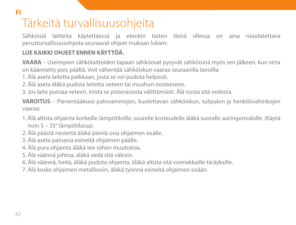 Tärkeitä turvallisuusohjeita | Acme GA05 User Manual | Page 42 / 88