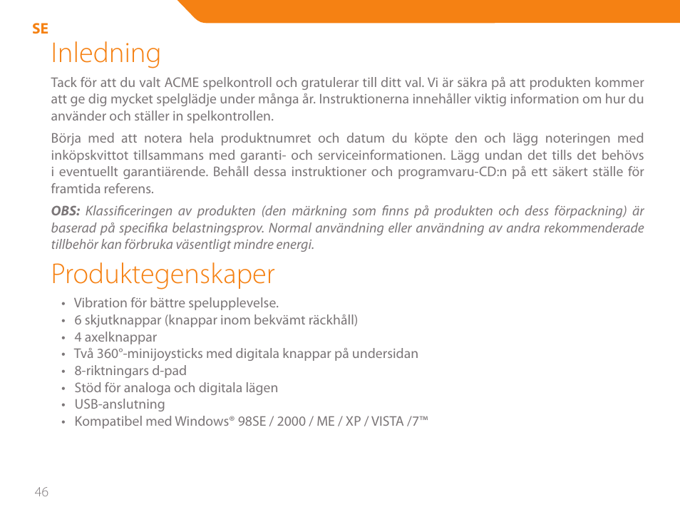 Inledning, Produktegenskaper | Acme GA05 User Manual | Page 46 / 88