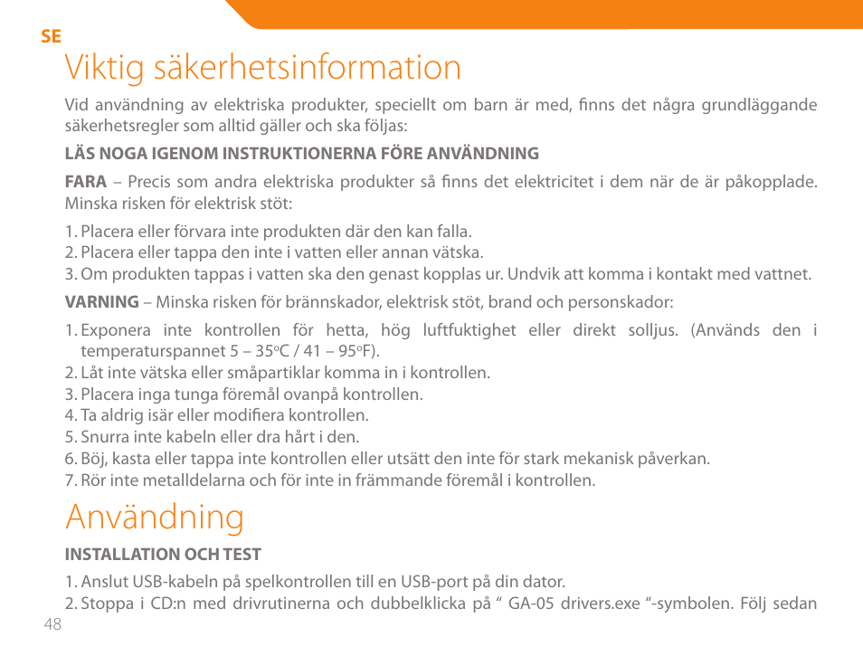 Viktig säkerhetsinformation, Användning | Acme GA05 User Manual | Page 48 / 88