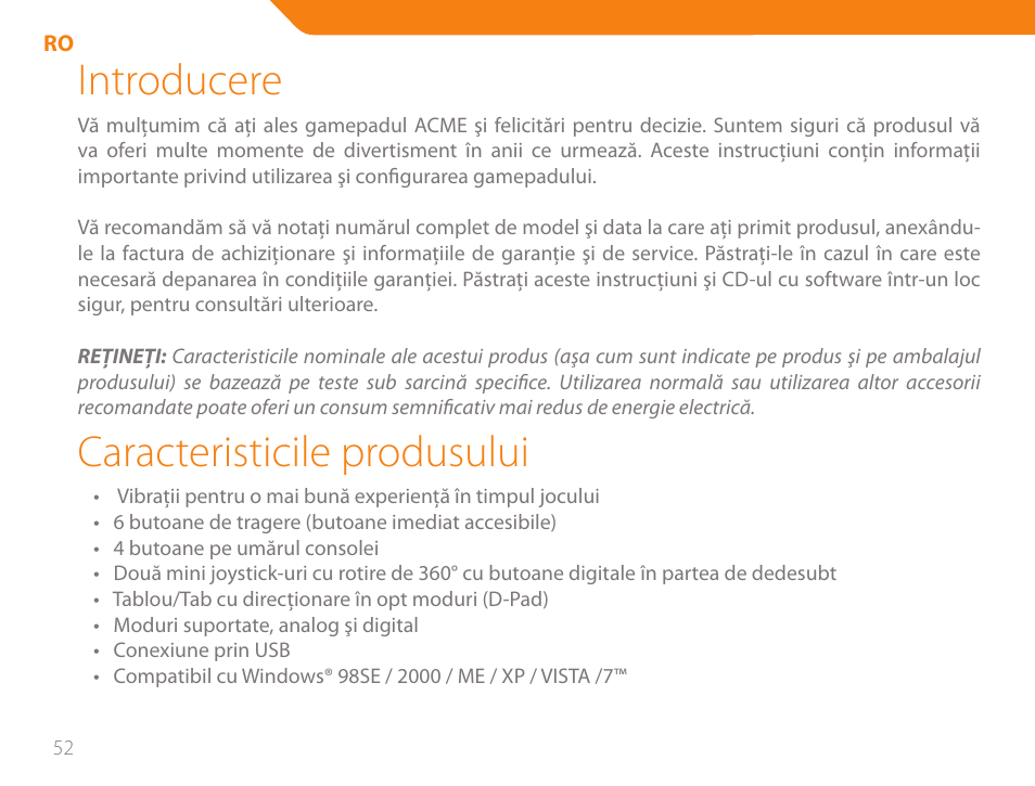 Introducere, Caracteristicile produsului | Acme GA05 User Manual | Page 52 / 88