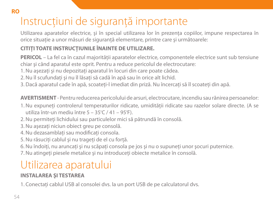 Instrucţiuni de siguranţă importante, Utilizarea aparatului | Acme GA05 User Manual | Page 54 / 88