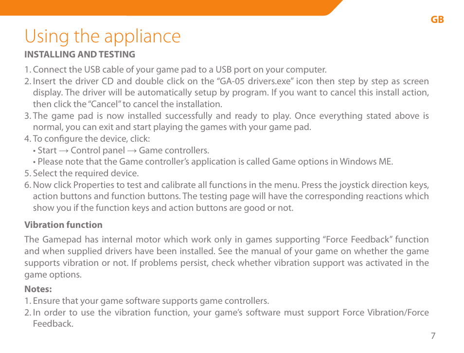 Using the appliance | Acme GA05 User Manual | Page 7 / 88