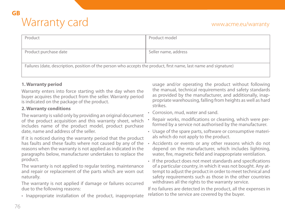 Warranty card | Acme GA05 User Manual | Page 76 / 88