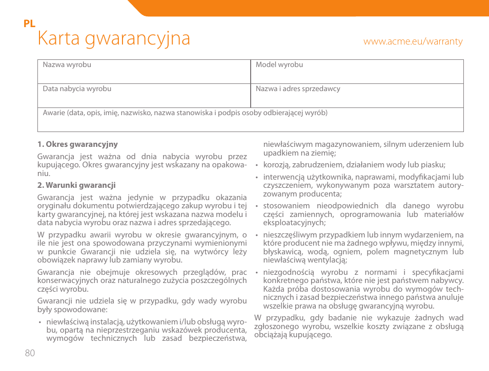 Karta gwarancyjna | Acme GA05 User Manual | Page 80 / 88