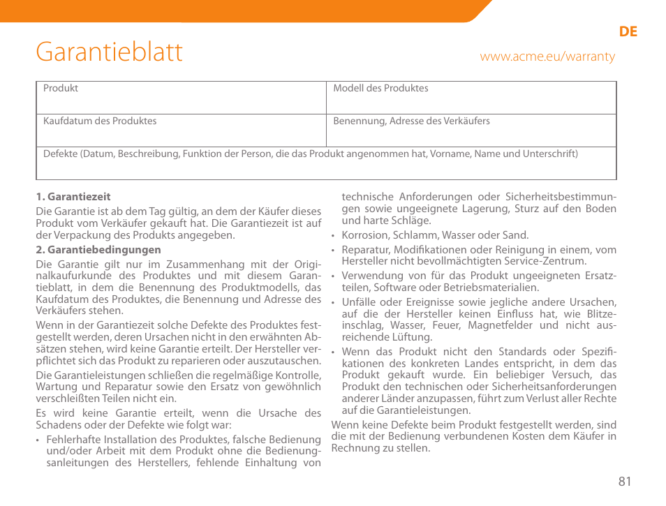 Garantieblatt | Acme GA05 User Manual | Page 81 / 88