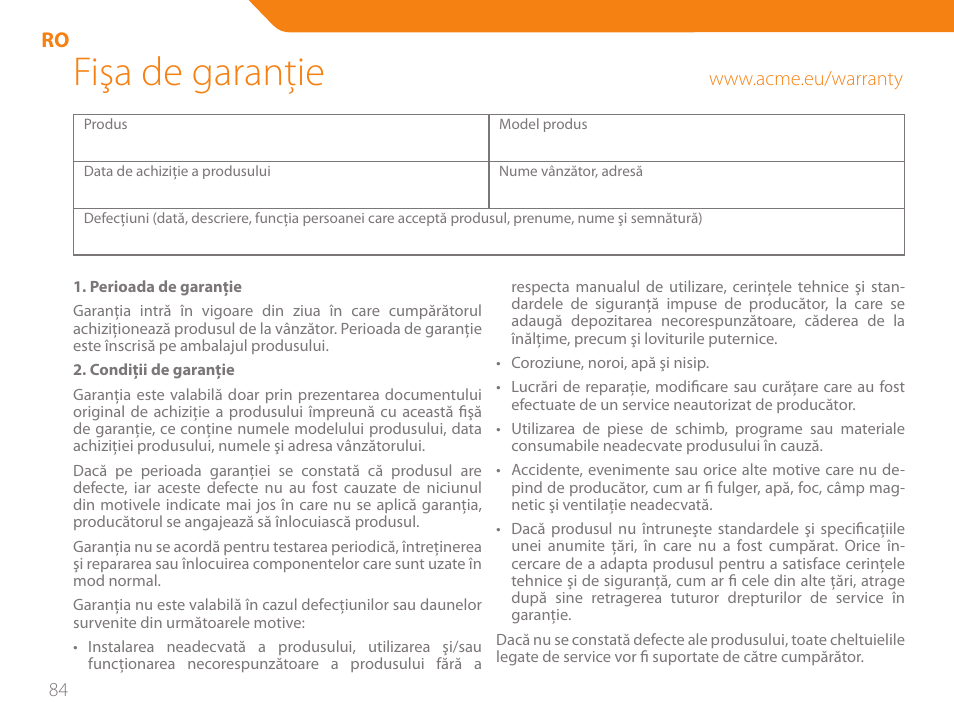 Fişa de garanţie | Acme GA05 User Manual | Page 84 / 88