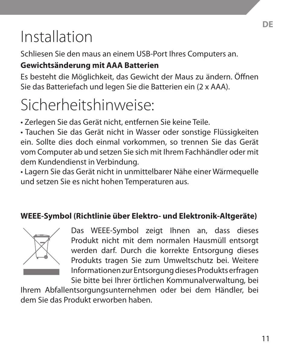 Installation, Sicherheitshinweise | Acme MS11 User Manual | Page 11 / 32