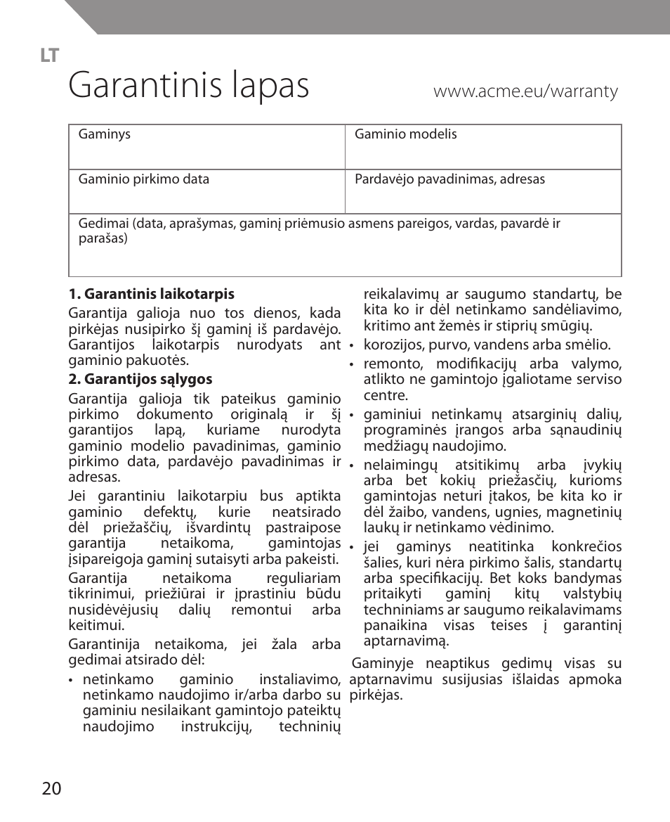 Garantinis lapas | Acme MS11 User Manual | Page 20 / 32