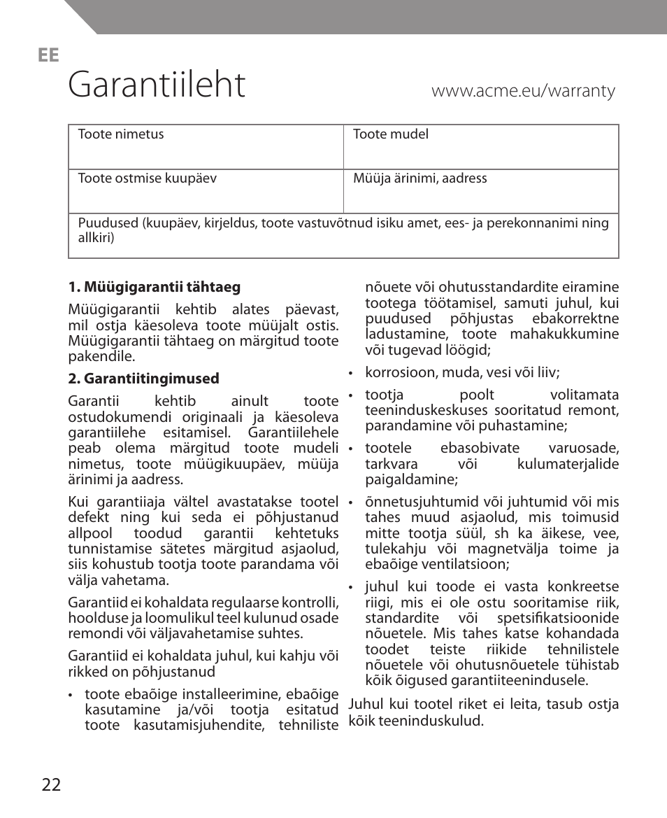 Garantiileht | Acme MS11 User Manual | Page 22 / 32
