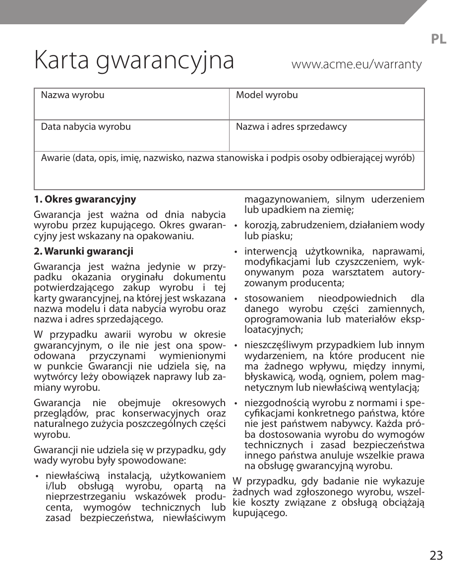 Karta gwarancyjna | Acme MS11 User Manual | Page 23 / 32
