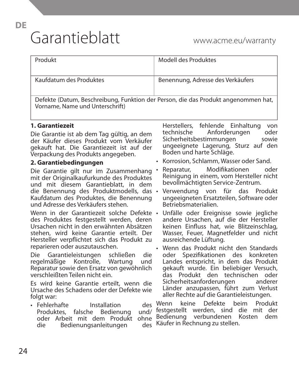 Garantieblatt | Acme MS11 User Manual | Page 24 / 32