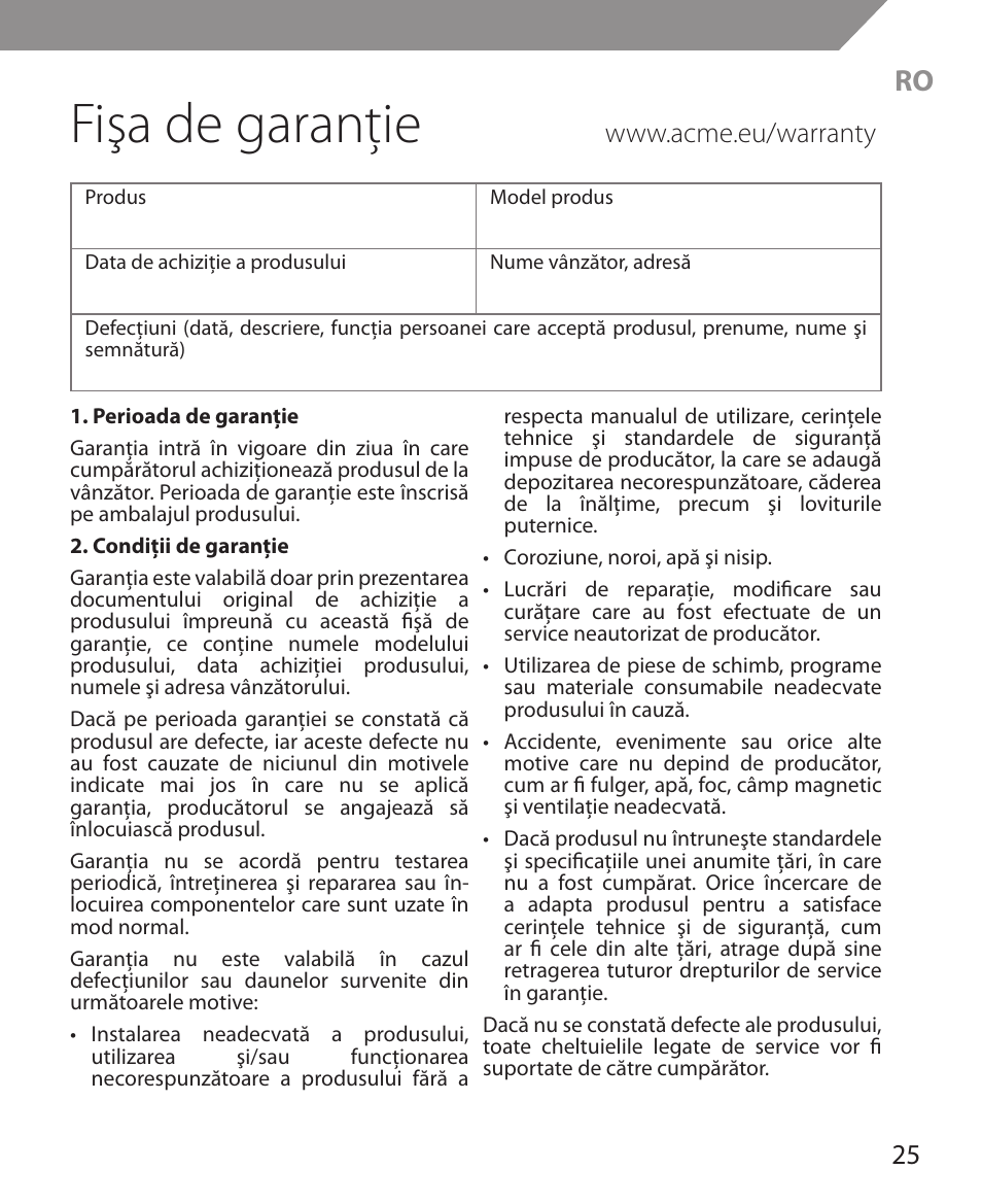Fişa de garanţie | Acme MS11 User Manual | Page 25 / 32
